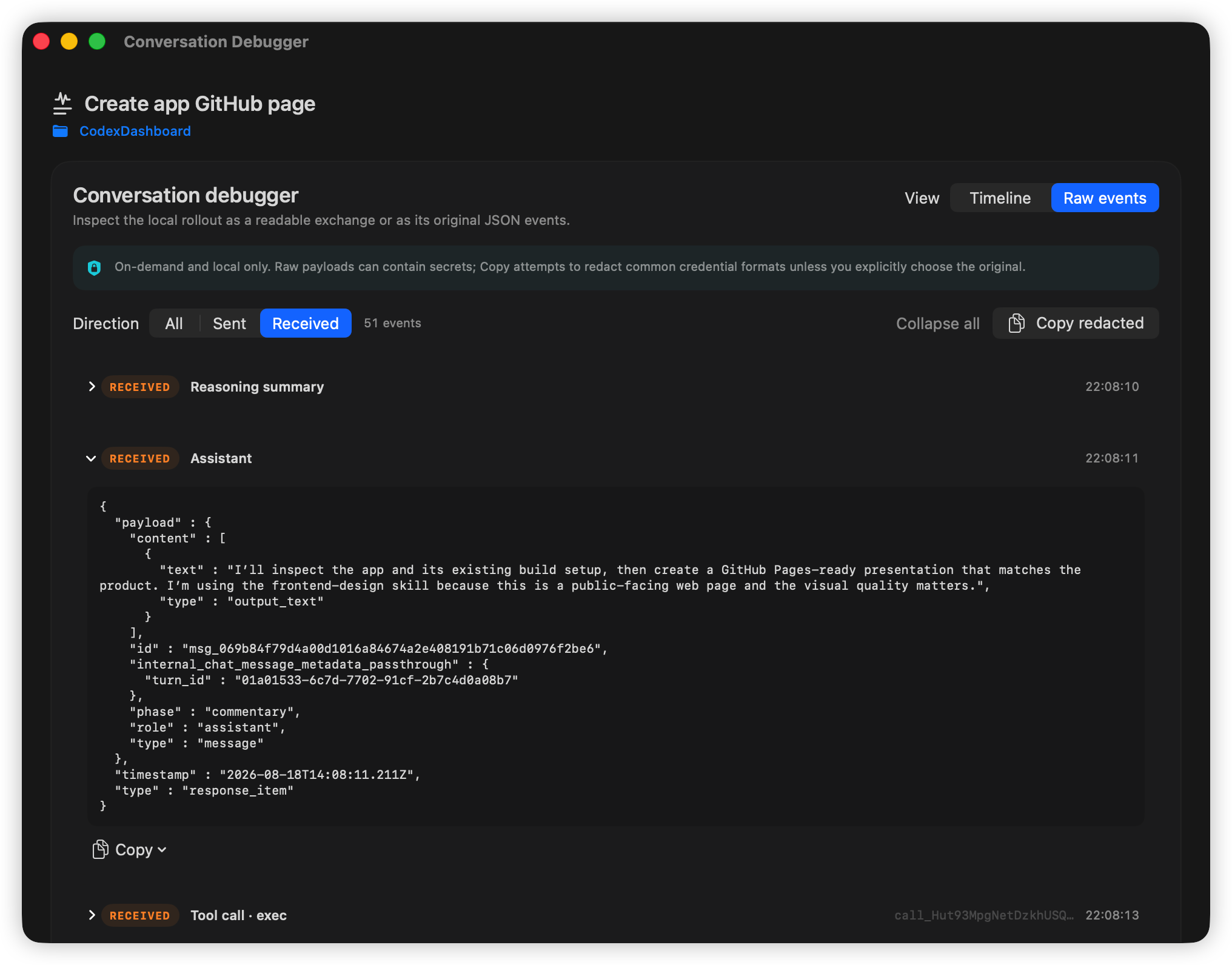 Conversation Debugger displaying an original received JSON event
