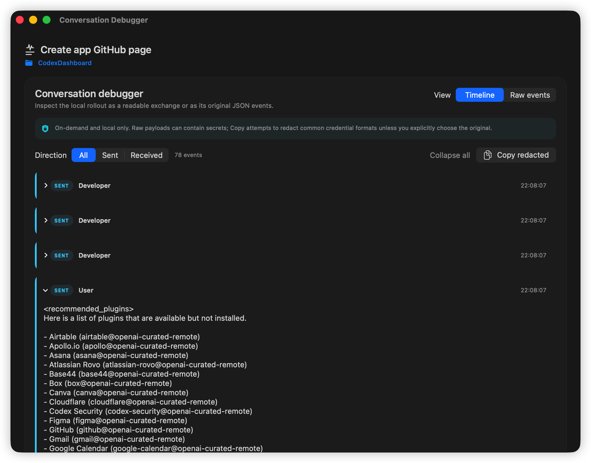 Conversation Debugger showing sent and received events in a readable timeline