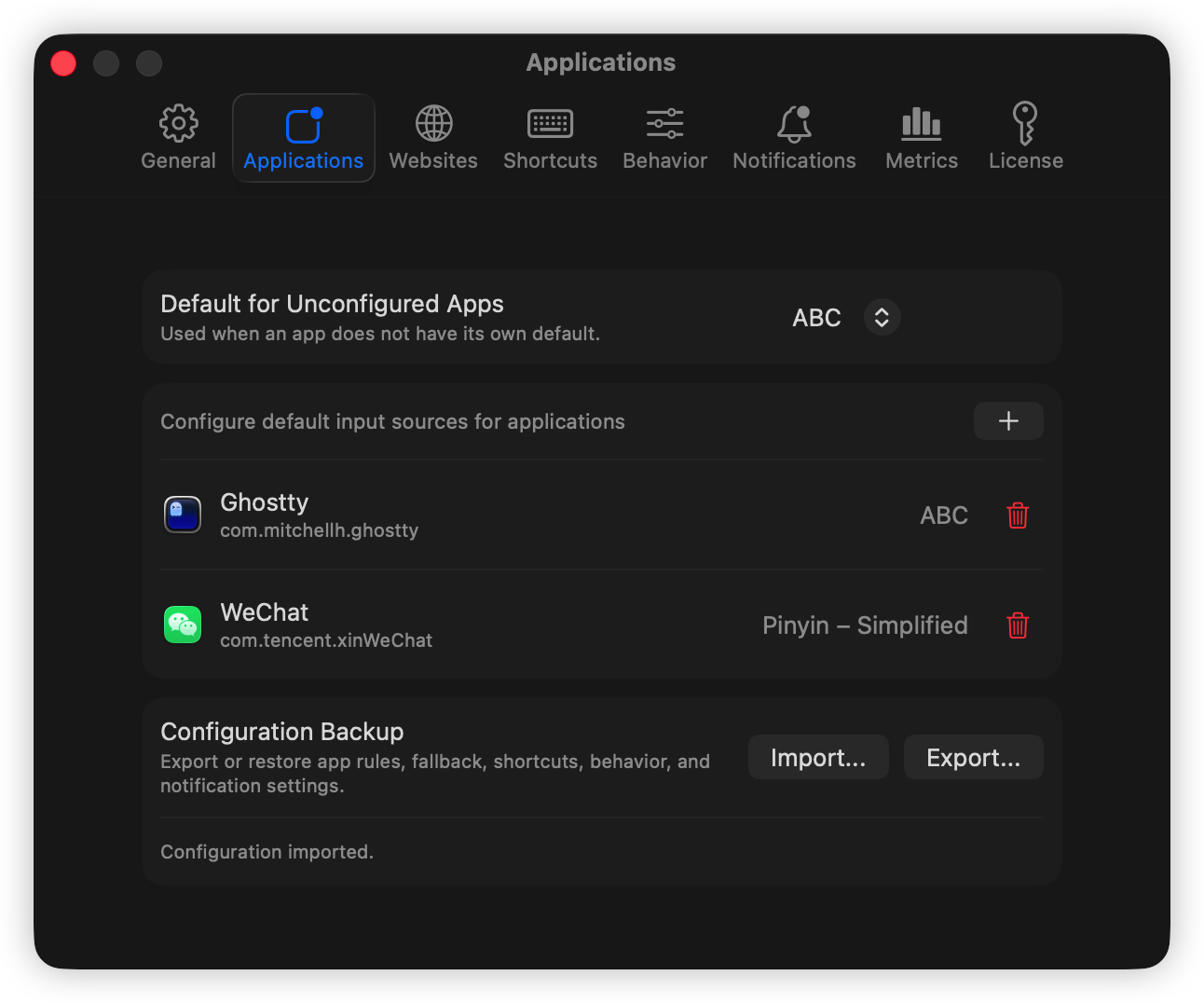 InputGuru Applications settings with global fallback and per-app input source defaults.