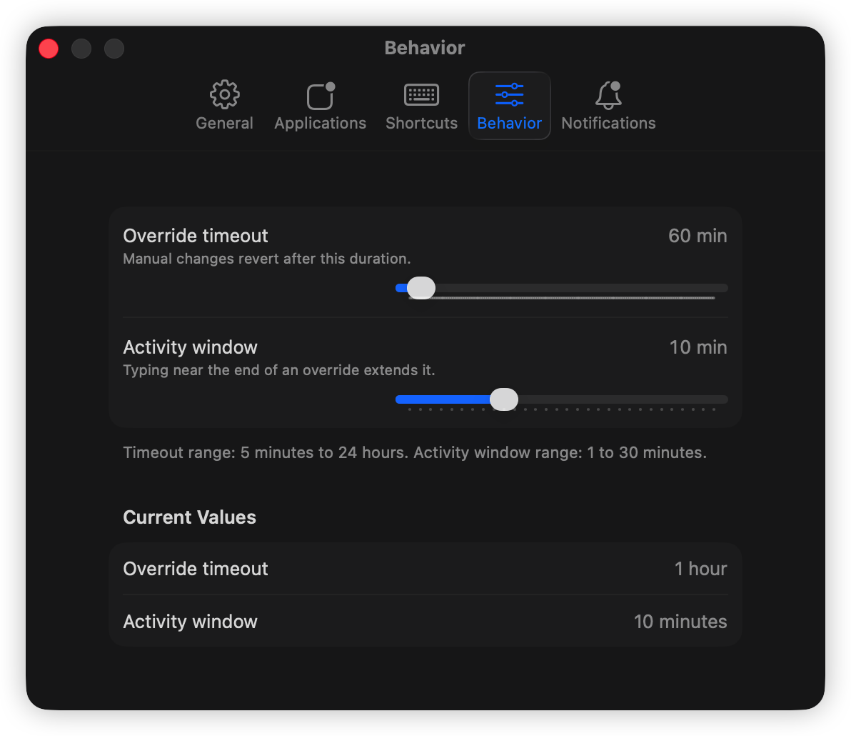 Behavior settings showing override timeout and activity window controls.