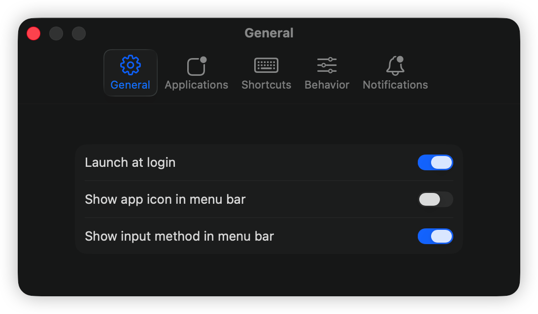 General settings showing launch at login and menu bar icon options.