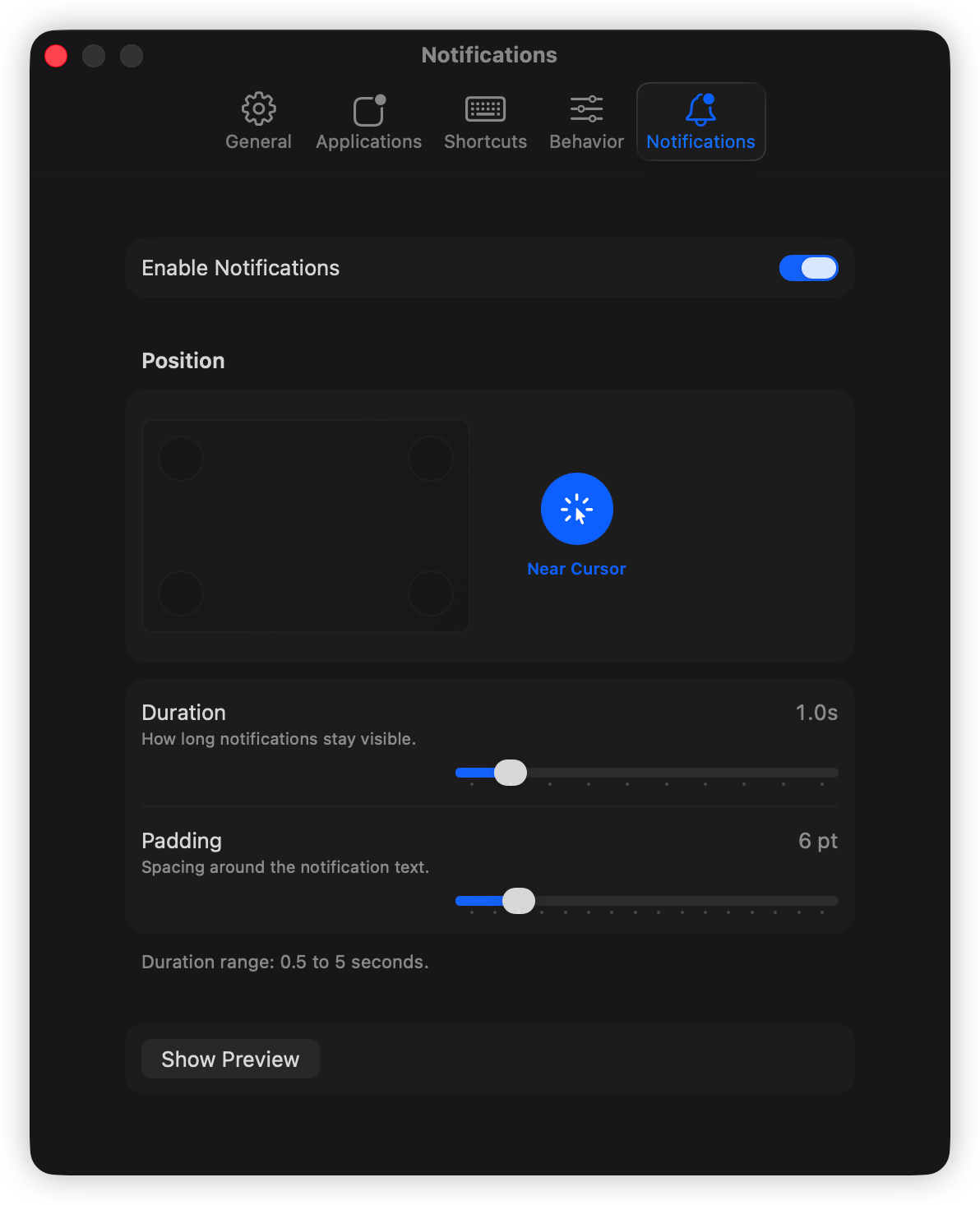 Notifications settings showing position, duration, padding, and preview controls.