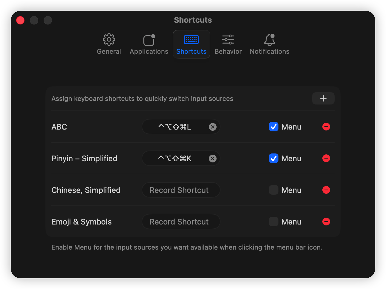 Shortcuts settings showing input source shortcut assignments and menu toggles.