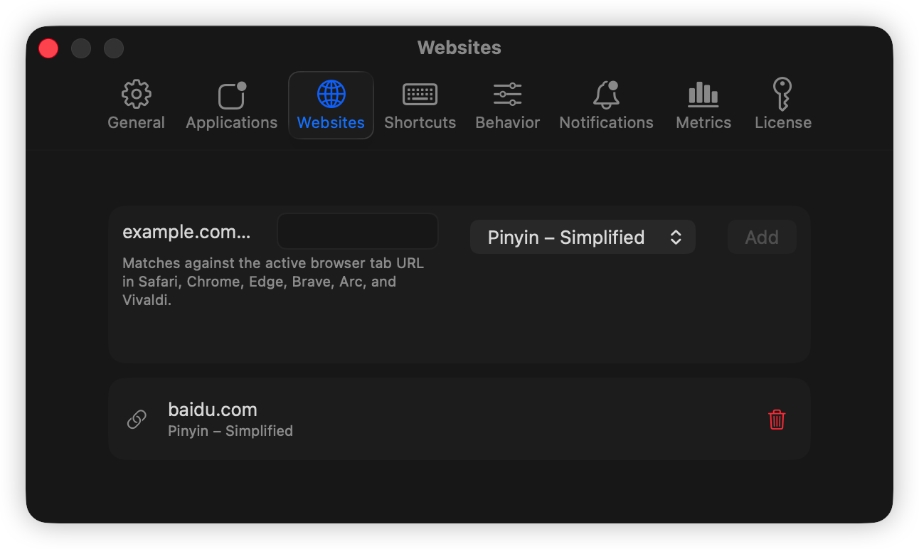 Websites settings showing browser URL rules mapped to input sources.