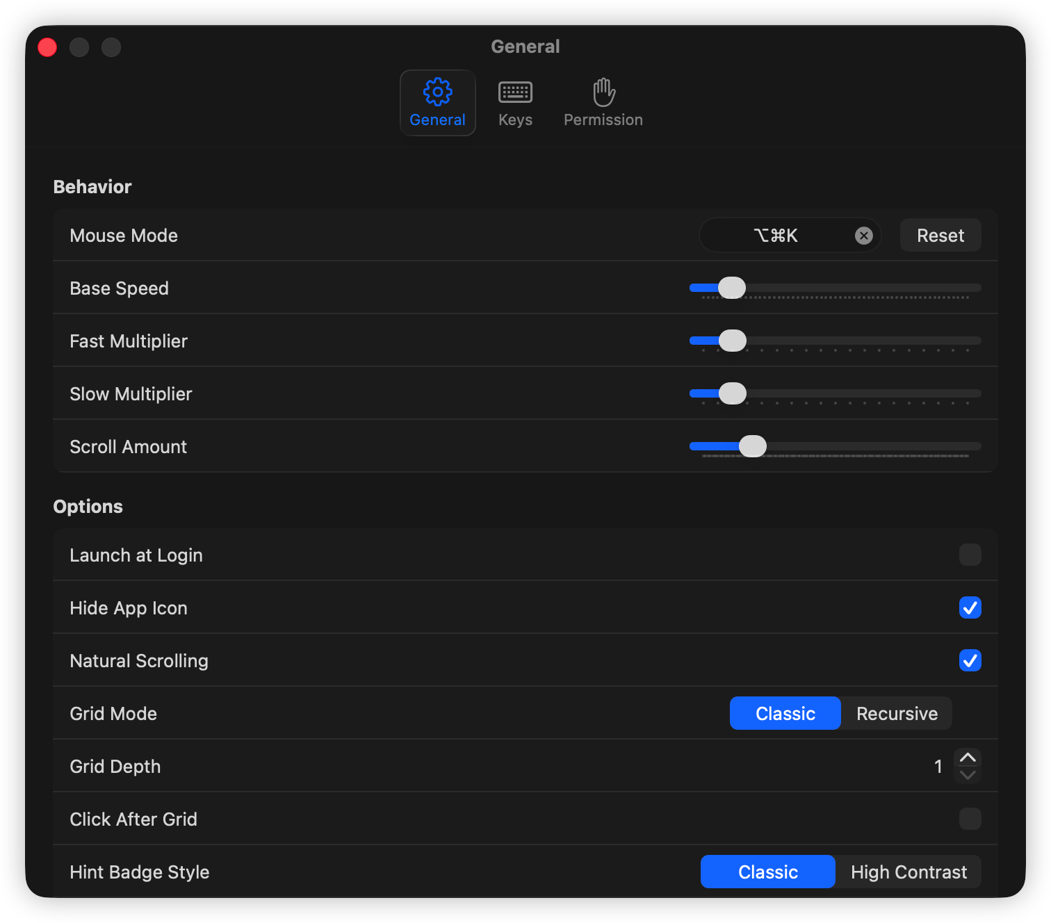 General Settings showing speed and grid depth options.