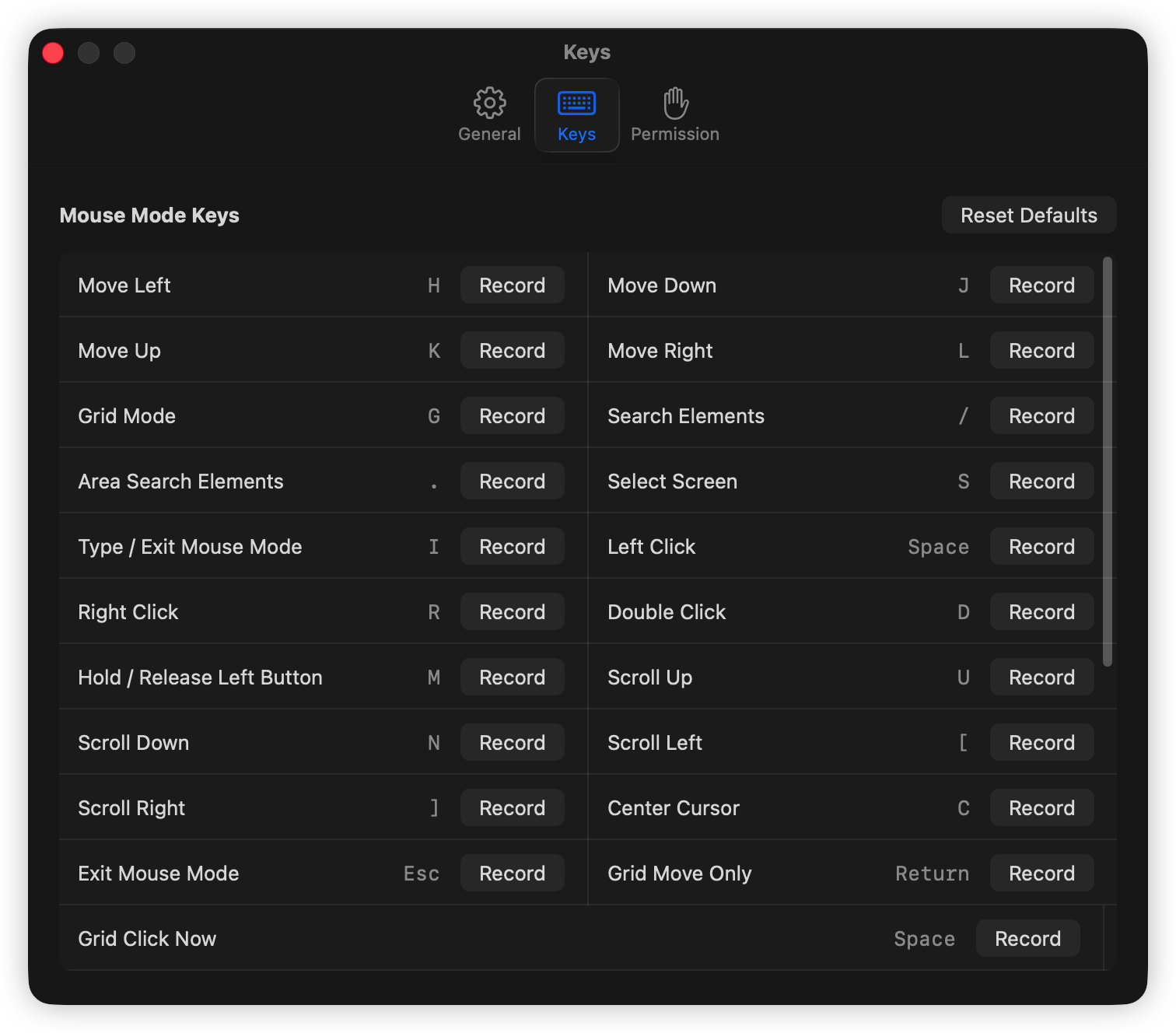 Settings window showing customizable key bindings.