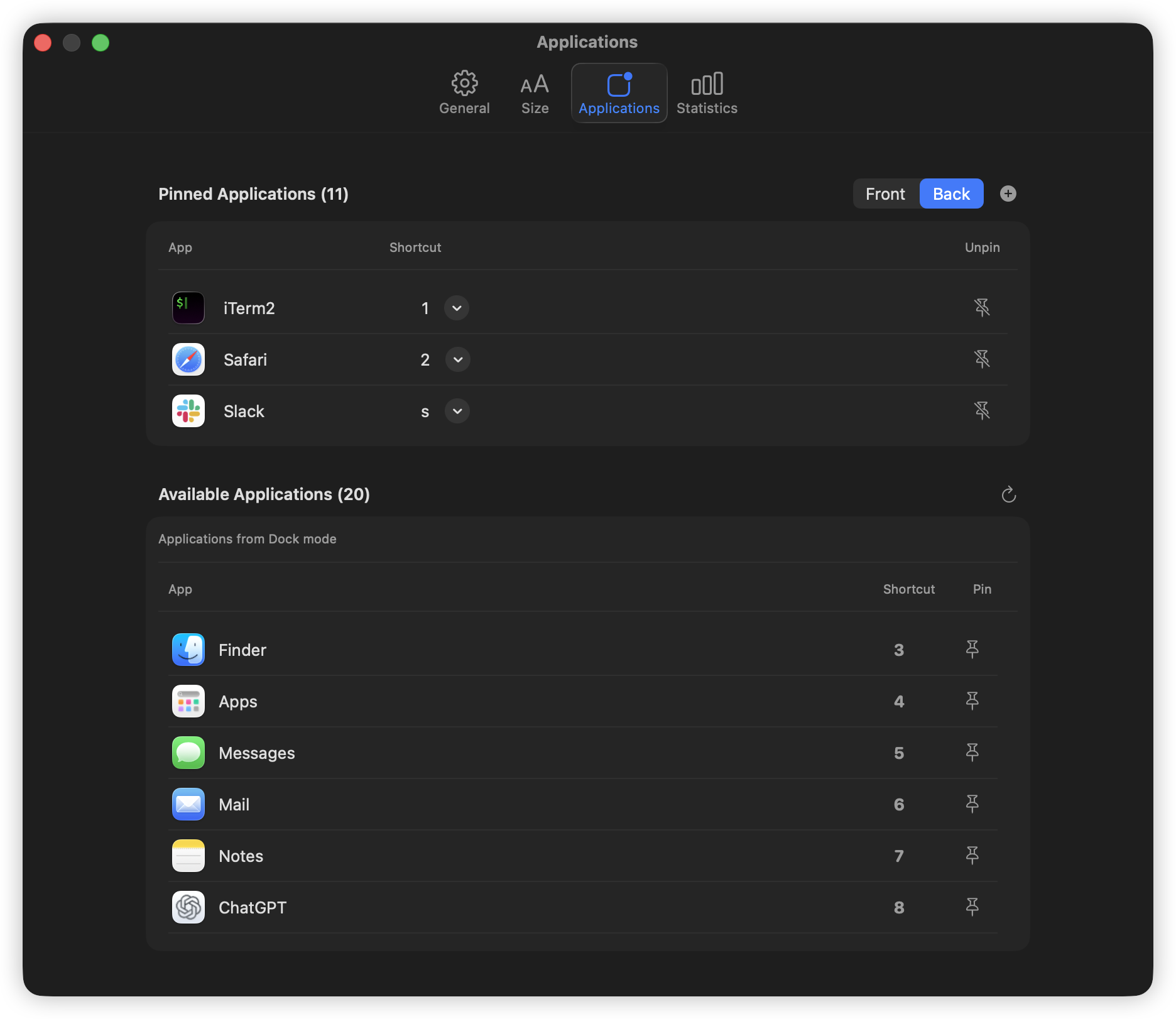 Applications settings showing pinned applications and custom shortcuts.