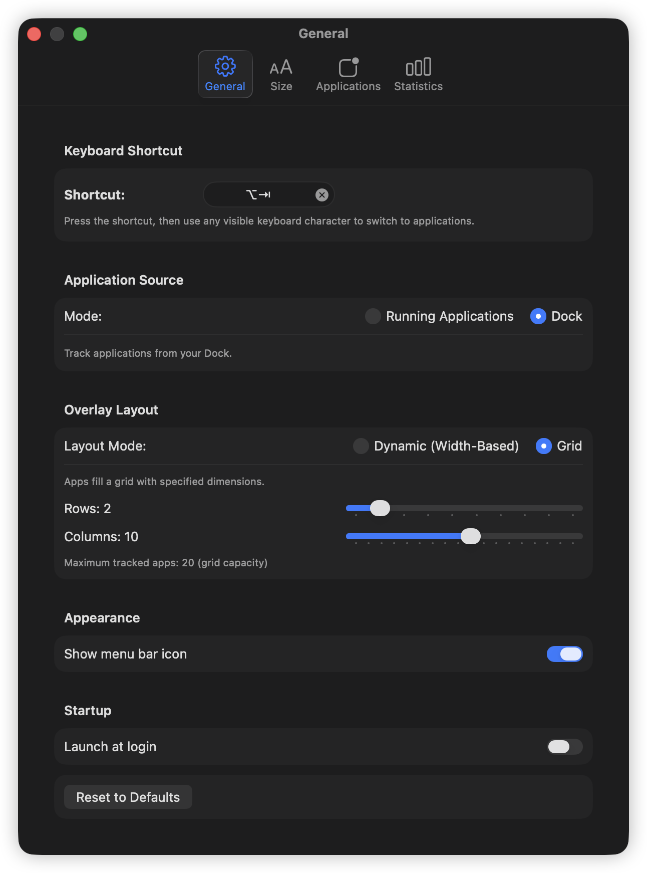 General settings showing launch at login and menu bar icon options.