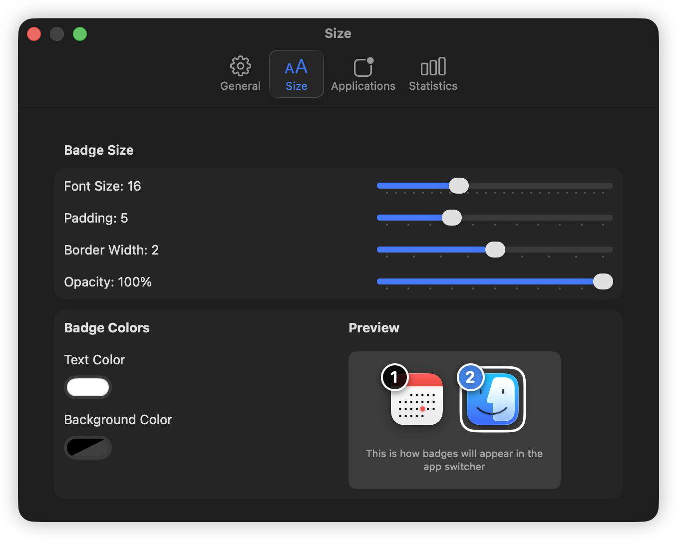 Layout settings showing layout mode and badge style options.