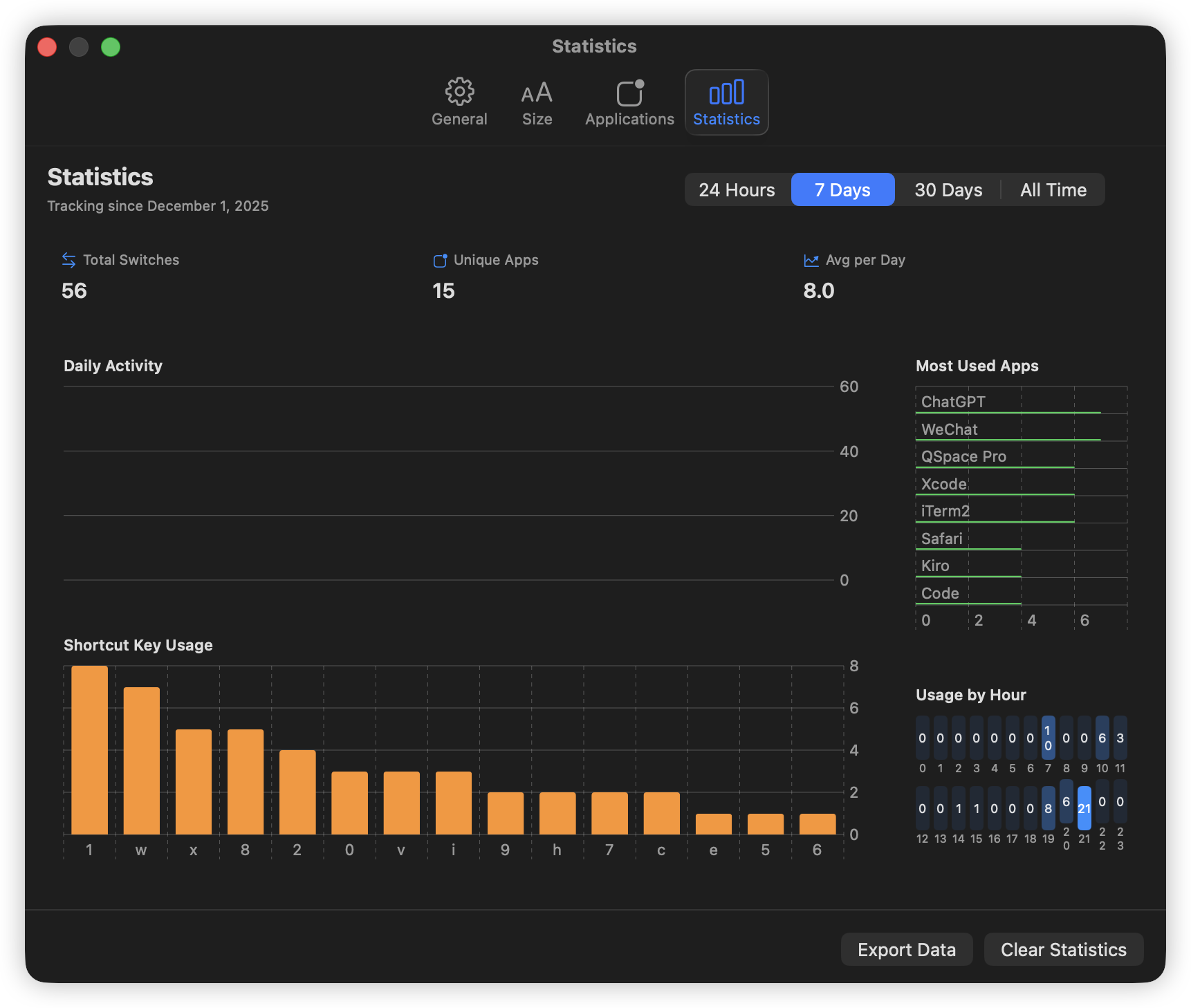 Statistics settings showing usage patterns.